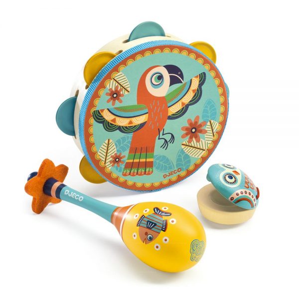 Set de tres instrumentos Animambo de Djeco: Pandereta, maraca y castañuela